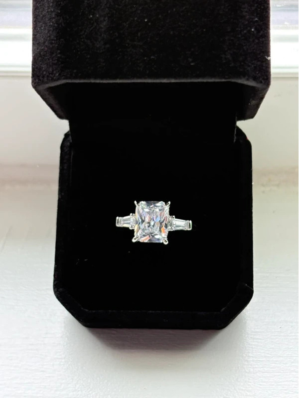 Radiant Cut CZ Three-Stone Ring w/ Tapered Baguette Sides. Size 7.
